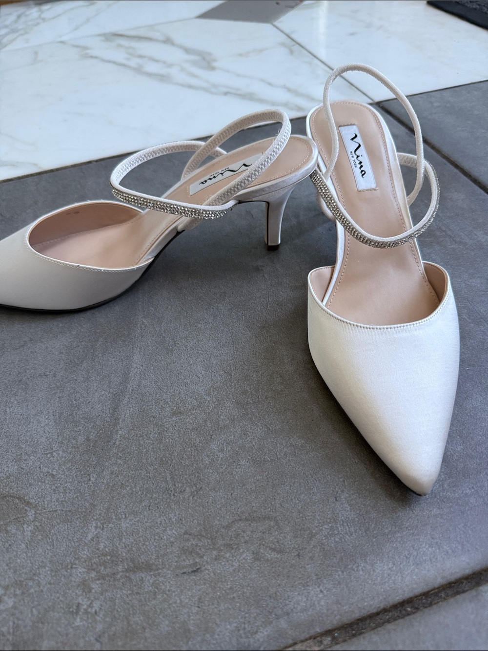 Nina Ivory Pointed-Toe Slingback Heels with Rhinestone Straps